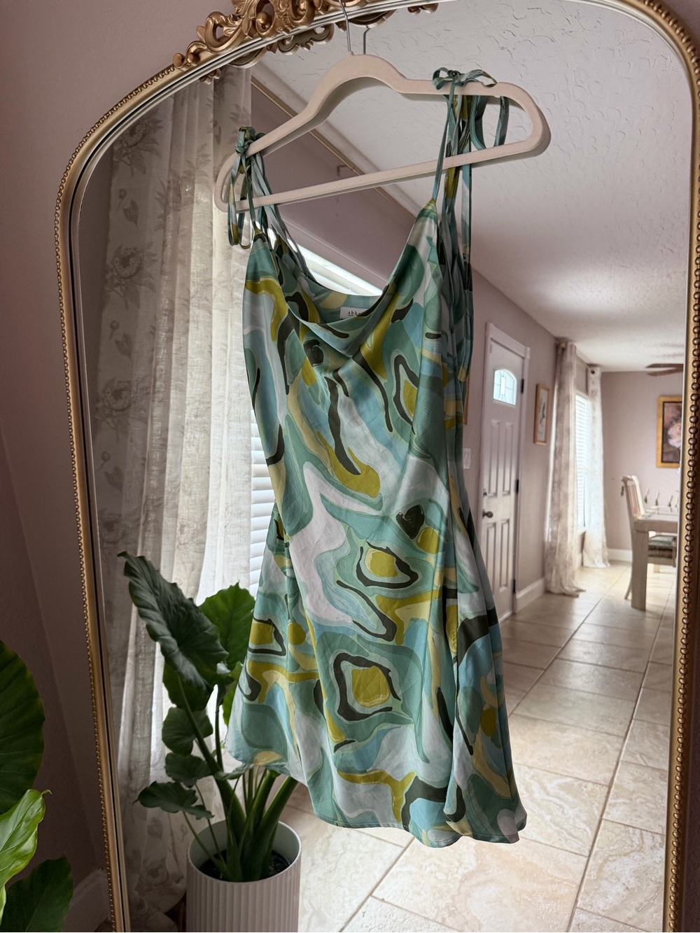 Tie-Shoulder Cowl Neck Slip Dress in Green Multi